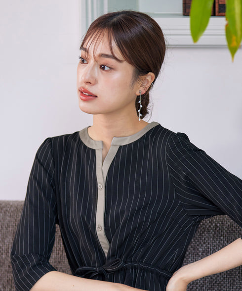 【新色追加】配色キーネックストライプワンピース