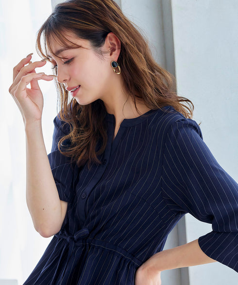 【新色追加】配色キーネックストライプワンピース