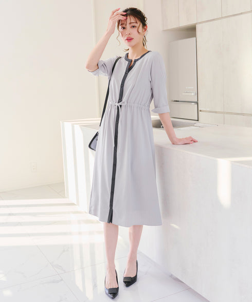 【新色追加】配色キーネックストライプワンピース