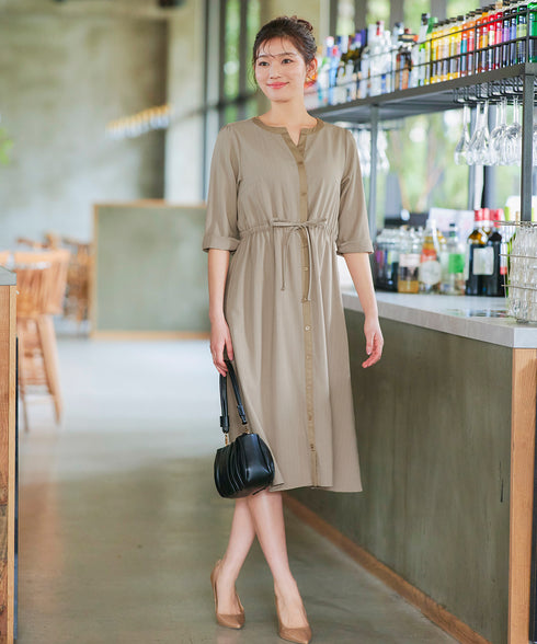 【新色追加】配色キーネックストライプワンピース