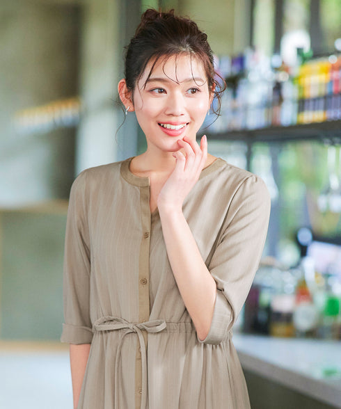 【新色追加】配色キーネックストライプワンピース