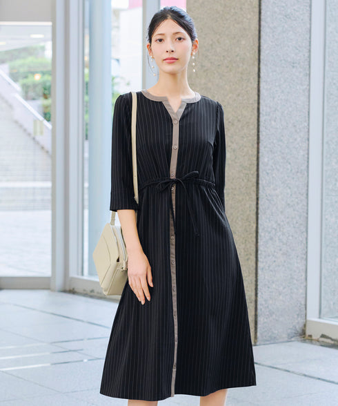 【新色追加】配色キーネックストライプワンピース
