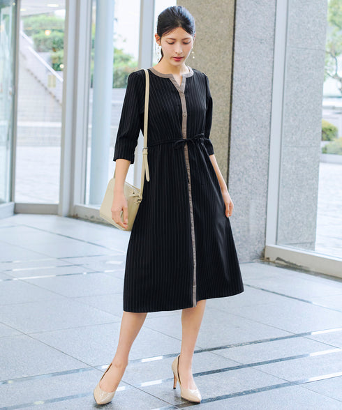 【新色追加】配色キーネックストライプワンピース