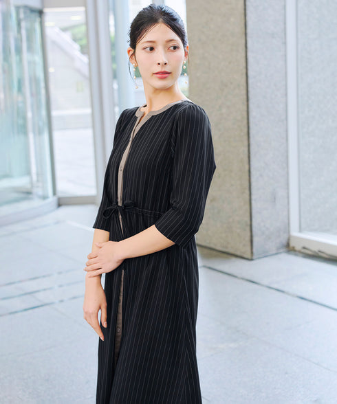 【新色追加】配色キーネックストライプワンピース