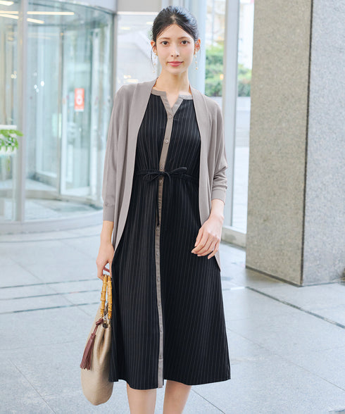 【新色追加】配色キーネックストライプワンピース