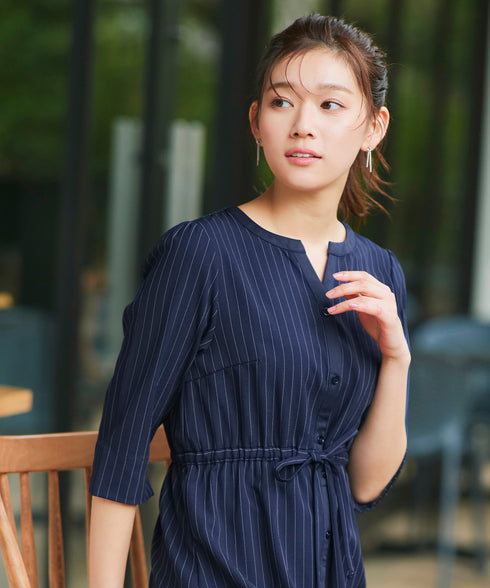 【新色追加】配色キーネックストライプワンピース