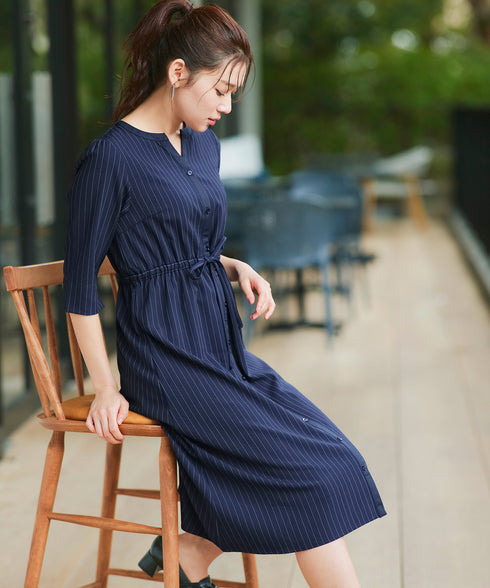 【新色追加】配色キーネックストライプワンピース