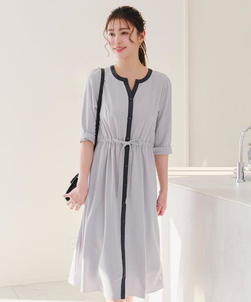 【新色追加】配色キーネックストライプワンピース