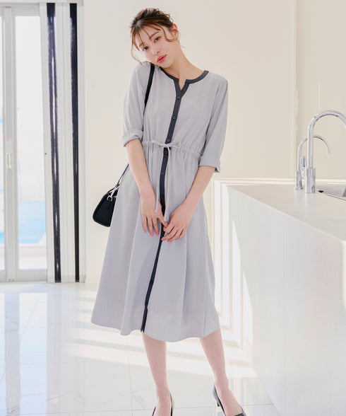 【新色追加】配色キーネックストライプワンピース