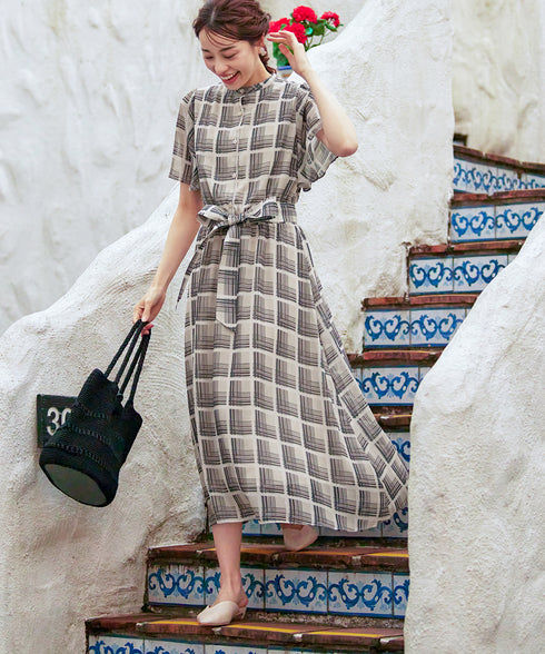 【新色追加】チェック柄フレア袖シアーワンピース