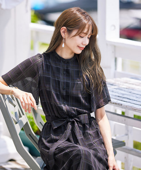 【新色追加】チェック柄フレア袖シアーワンピース