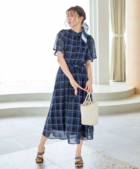 【新色追加】チェック柄フレア袖シアーワンピース