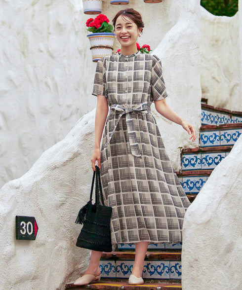【新色追加】チェック柄フレア袖シアーワンピース