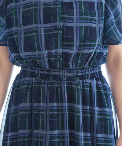 【新色追加】チェック柄フレア袖シアーワンピース