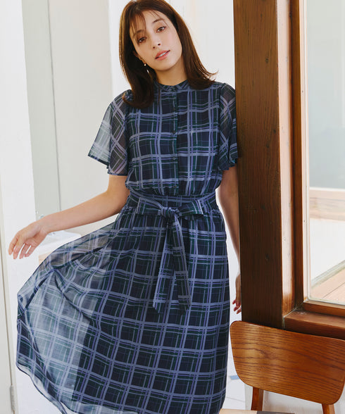 【新色追加】チェック柄フレア袖シアーワンピース