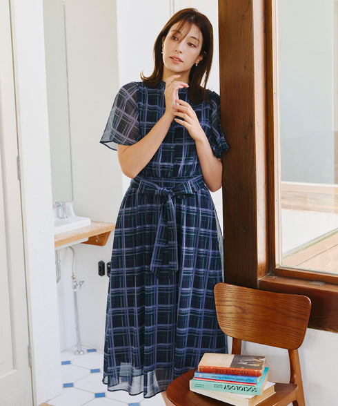 【新色追加】チェック柄フレア袖シアーワンピース