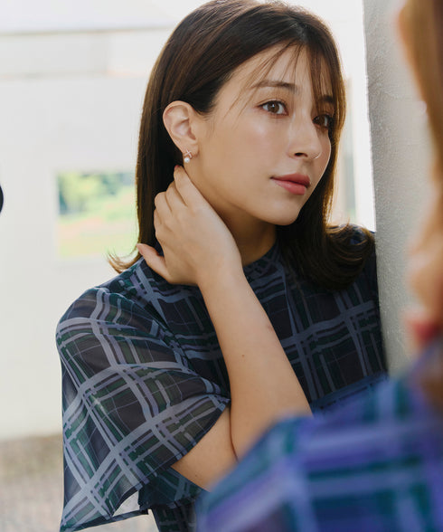 【新色追加】チェック柄フレア袖シアーワンピース