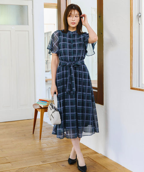 【新色追加】チェック柄フレア袖シアーワンピース