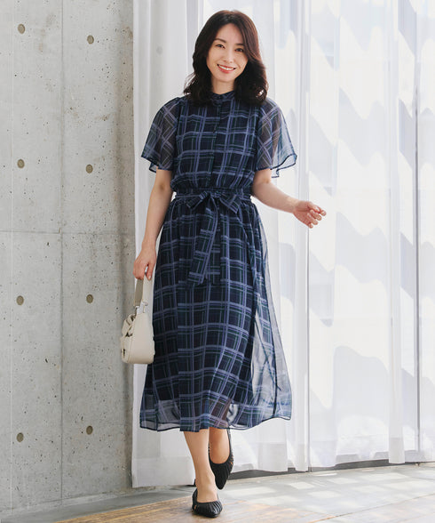 【新色追加】チェック柄フレア袖シアーワンピース