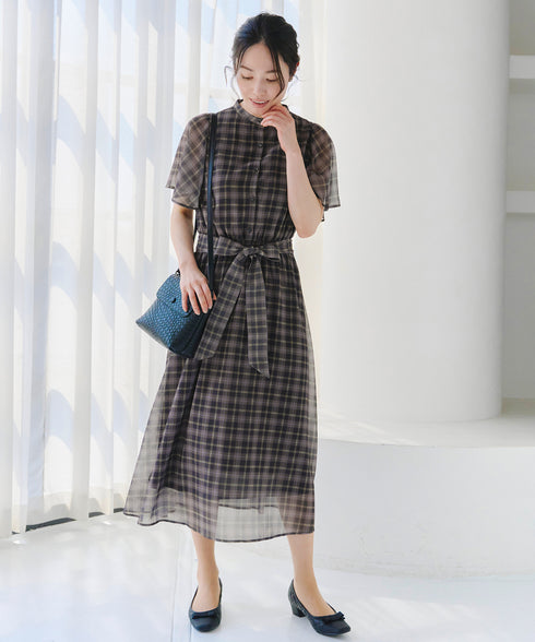 【新色追加】チェック柄フレア袖シアーワンピース