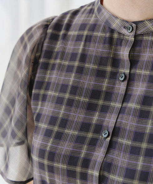 【新色追加】チェック柄フレア袖シアーワンピース