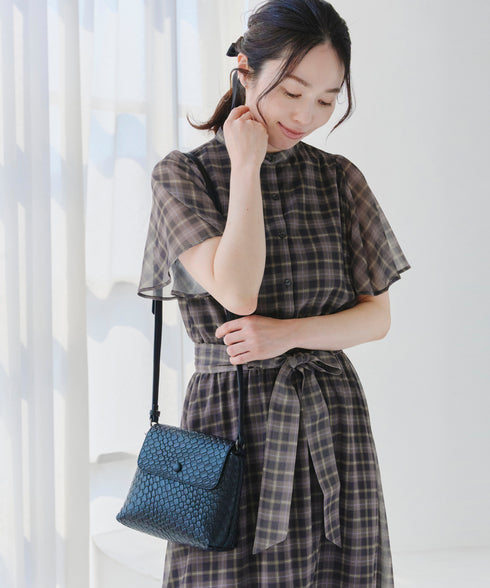 【新色追加】チェック柄フレア袖シアーワンピース