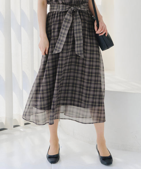 【新色追加】チェック柄フレア袖シアーワンピース