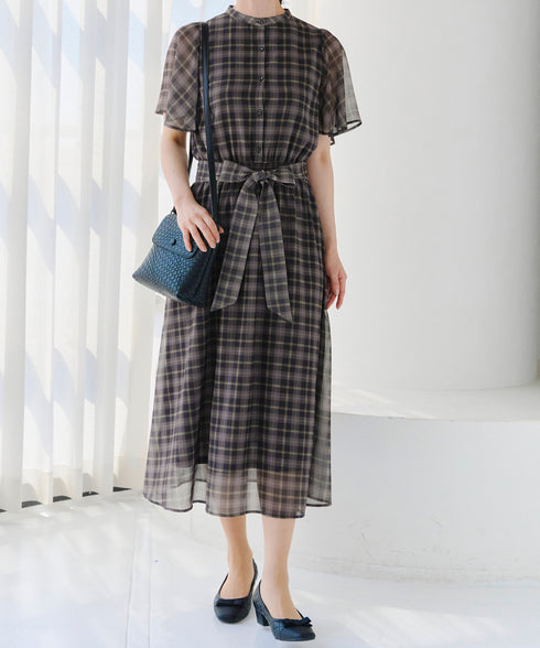 【新色追加】チェック柄フレア袖シアーワンピース