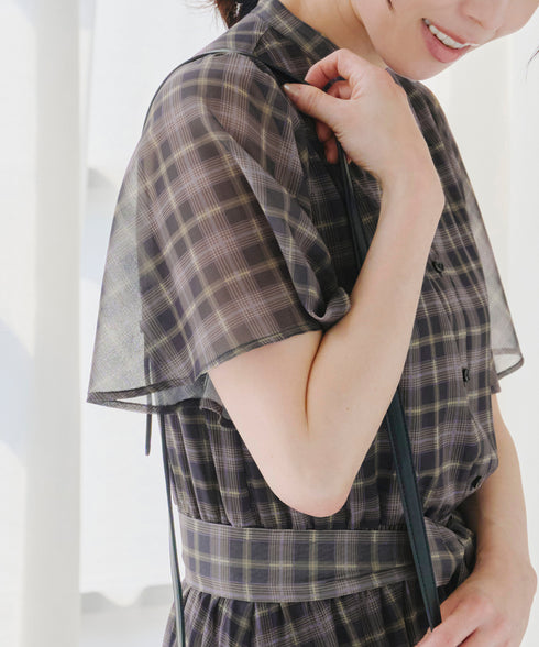 【新色追加】チェック柄フレア袖シアーワンピース