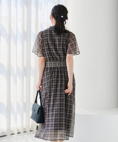 【新色追加】チェック柄フレア袖シアーワンピース