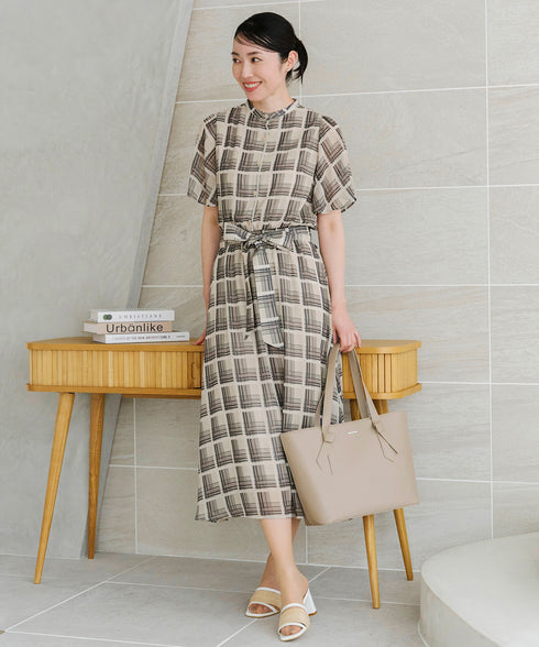 【新色追加】チェック柄フレア袖シアーワンピース