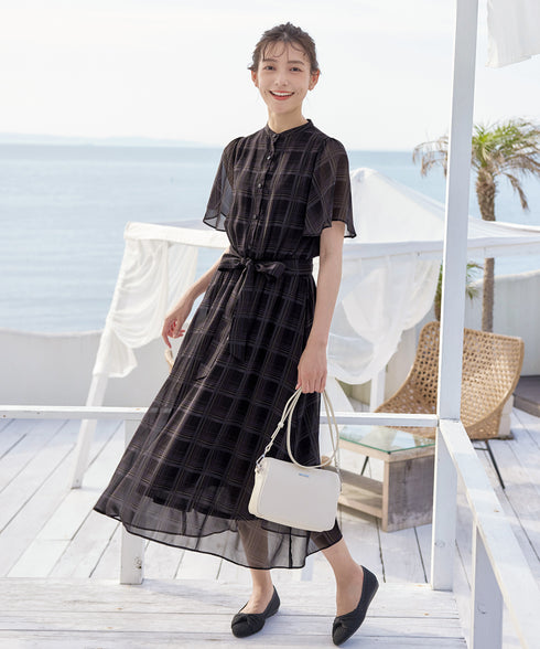 【新色追加】チェック柄フレア袖シアーワンピース