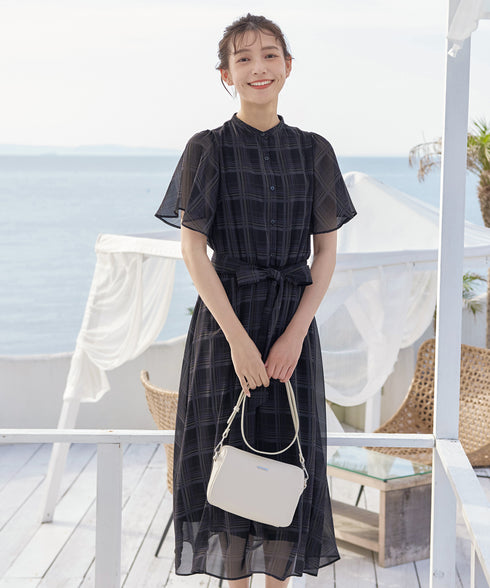 【新色追加】チェック柄フレア袖シアーワンピース