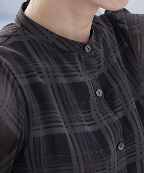 【新色追加】チェック柄フレア袖シアーワンピース