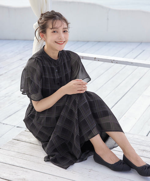 【新色追加】チェック柄フレア袖シアーワンピース