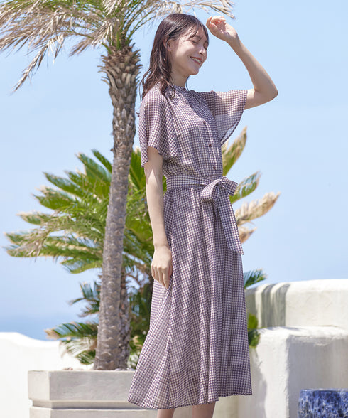 【新色追加】チェック柄フレア袖シアーワンピース