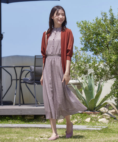 【新色追加】チェック柄フレア袖シアーワンピース