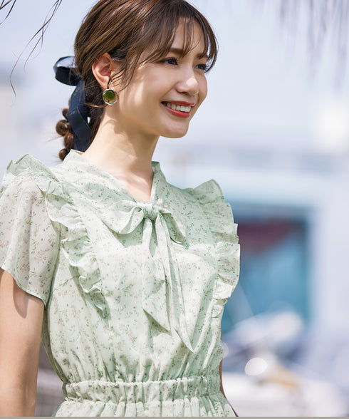 【アウトレット】花柄ボウタイフレアワンピース