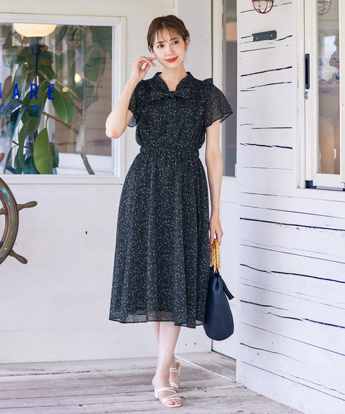 【アウトレット】花柄ボウタイフレアワンピース