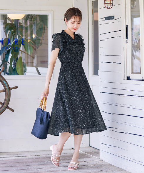 【アウトレット】花柄ボウタイフレアワンピース