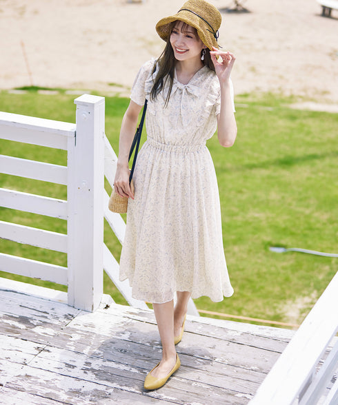 【アウトレット】花柄ボウタイフレアワンピース