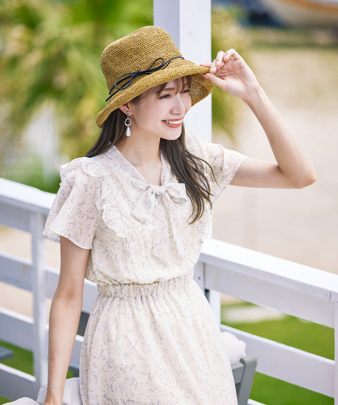 【アウトレット】花柄ボウタイフレアワンピース