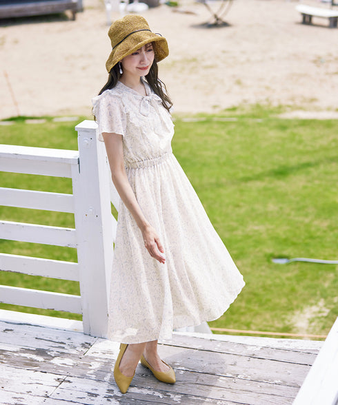 【アウトレット】花柄ボウタイフレアワンピース