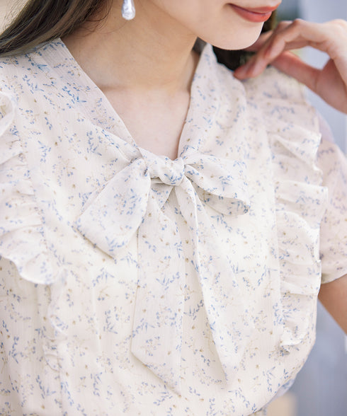 【アウトレット】花柄ボウタイフレアワンピース