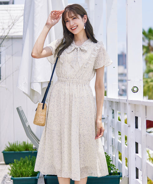 【アウトレット】花柄ボウタイフレアワンピース