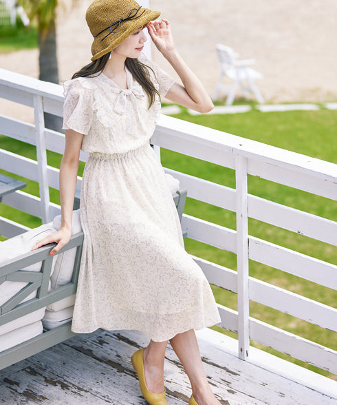 【アウトレット】花柄ボウタイフレアワンピース