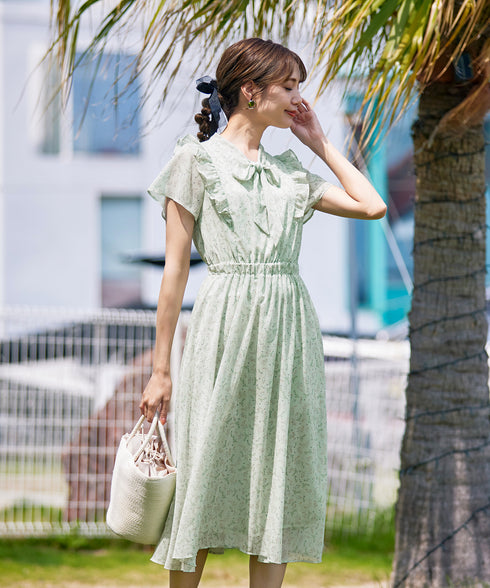 【アウトレット】花柄ボウタイフレアワンピース