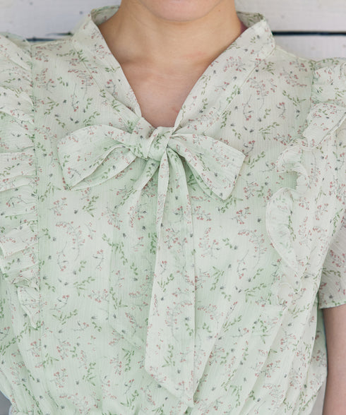 【アウトレット】花柄ボウタイフレアワンピース