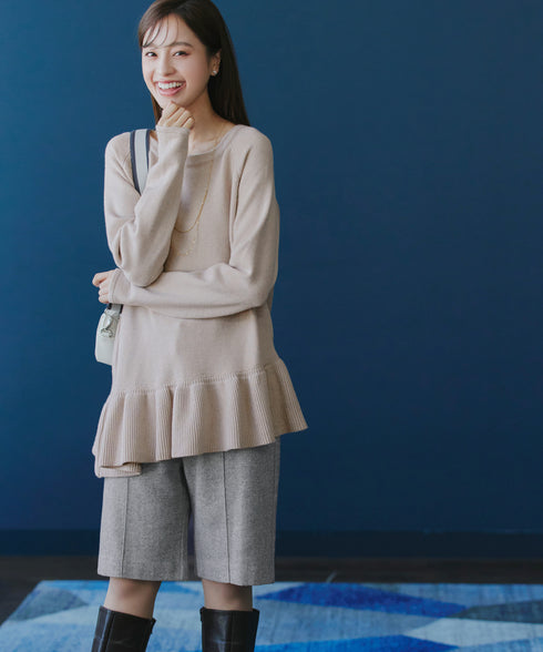 【安田美沙子さん着用】ウール調ヘリンボン柄キュロットパンツ