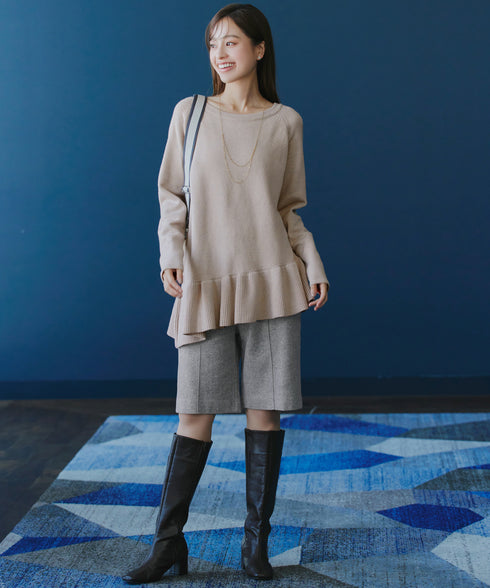 【安田美沙子さん着用】ウール調ヘリンボン柄キュロットパンツ